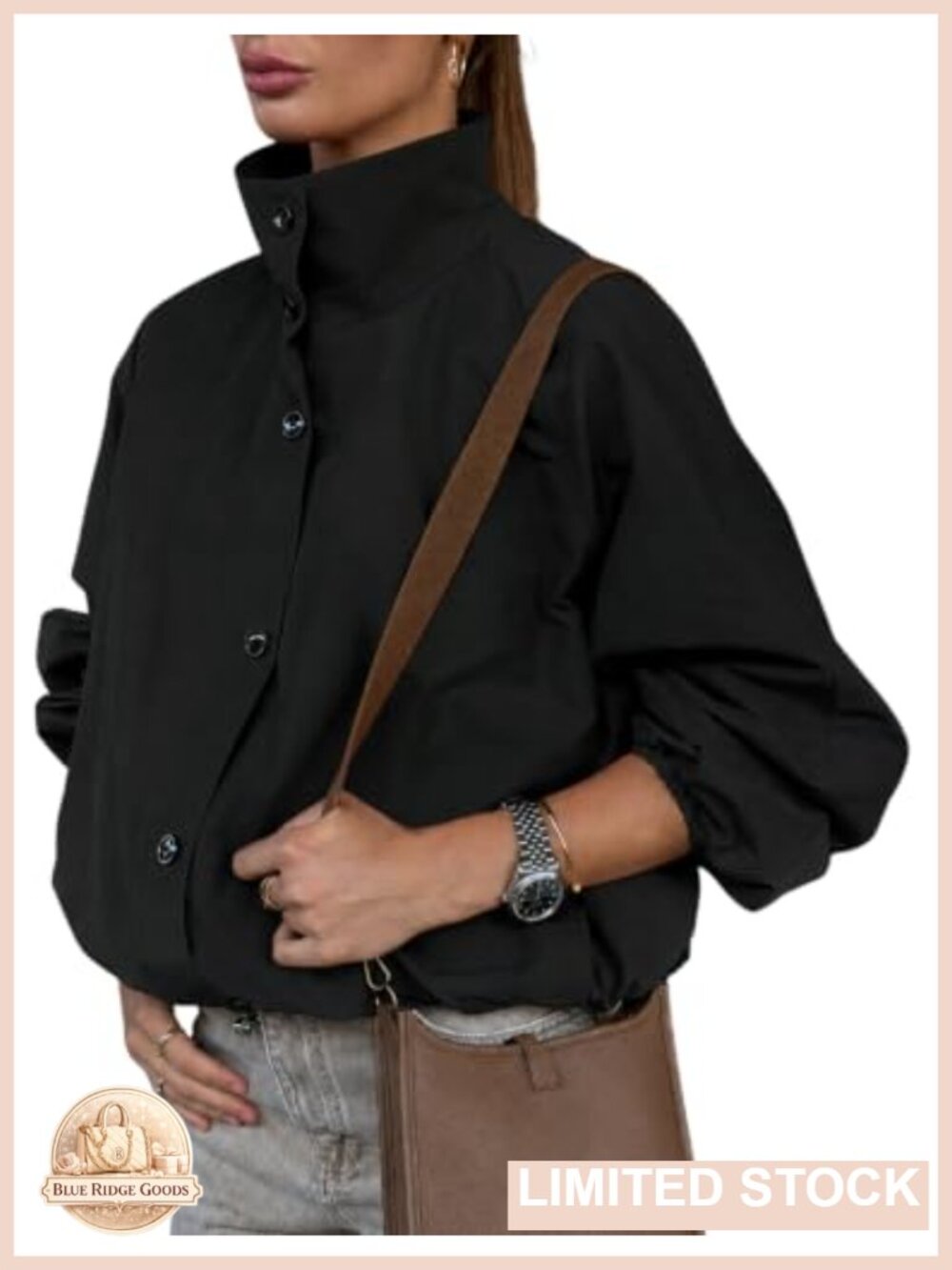 Women's Funnel Neck Windbreaker Bomber Jacket Lightweight Zip Snap Loose Fit